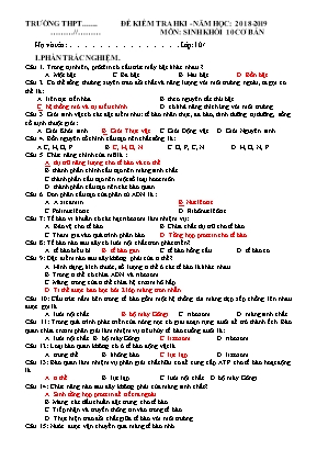 Đề kiểm tra học kỳ I môn Sinh học Lớp 10 (Cơ bản) - Năm học 2018-2019 (Kèm đáp án)